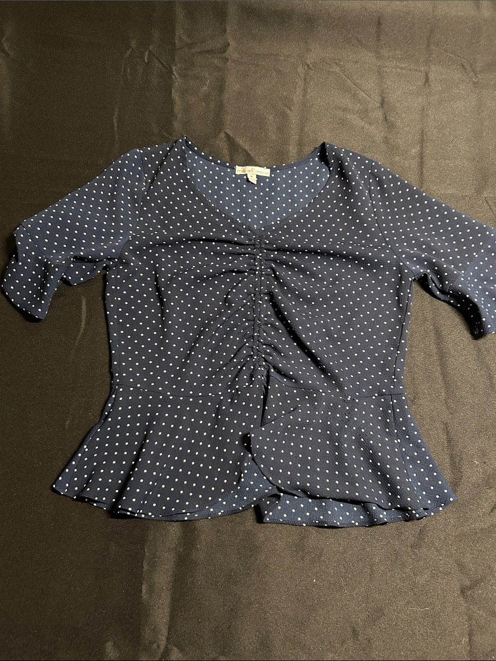 Moa Moa Navy Polka Dot Ruched Peplum Blouse